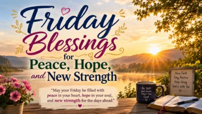 Friday blessings image with golden sunrise, peaceful lake, flowers, open Bible, and words of hope and strength.