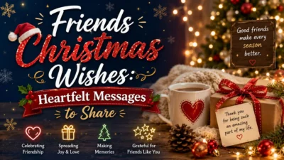 Friends Christmas wishes image with festive gifts, coffee, Christmas lights, ornaments, and heartfelt friendship message.
