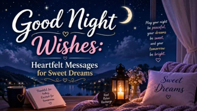 Good night wishes image with moon, stars, cozy lantern, sweet dreams pillow, and heartfelt bedtime message.