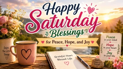 Happy Saturday blessings with sunrise, flowers, coffee, and peaceful messages of hope, joy, and gratitude.