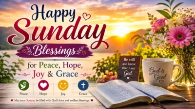 Happy Sunday blessings image with sunrise, flowers, Bible, coffee, and peaceful words of hope, joy, and grace.