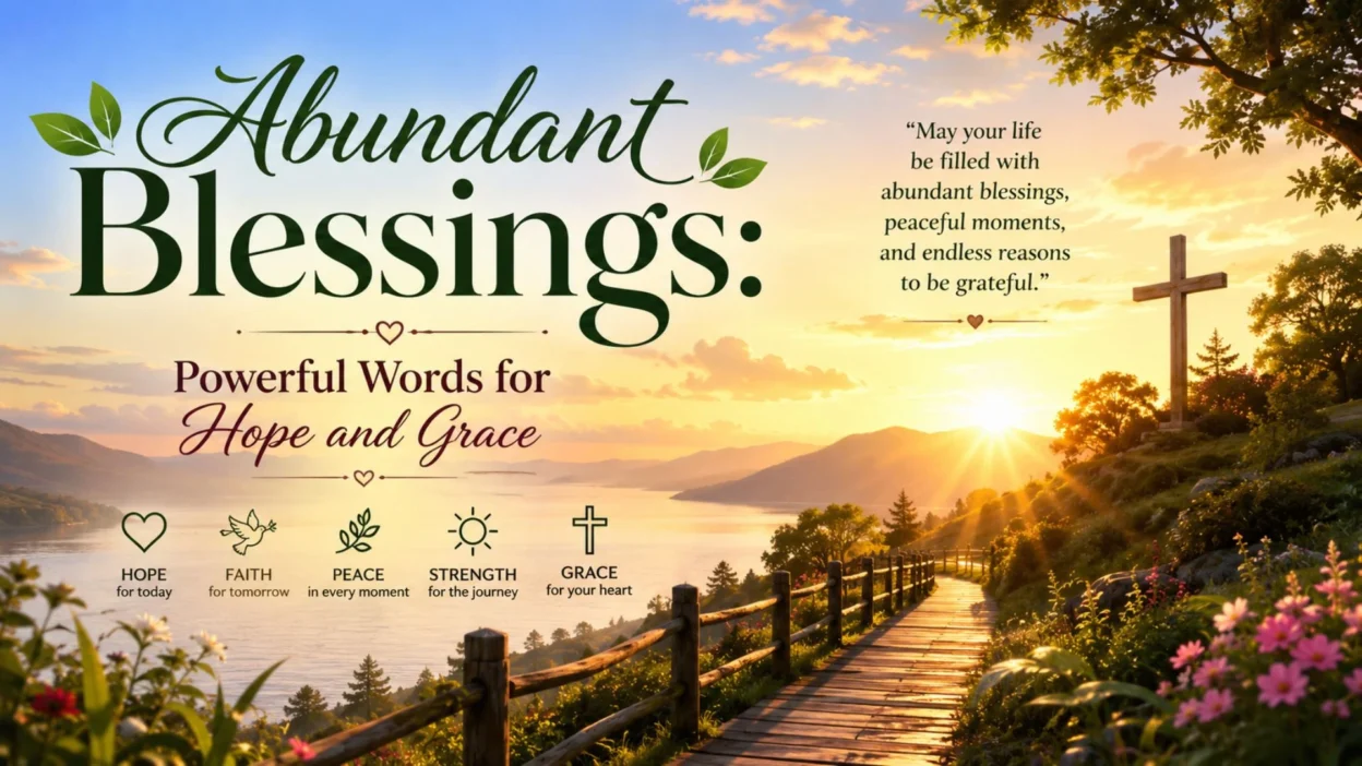 Abundant blessings banner with sunrise, peaceful lake, flowers, pathway, and Christian cross symbolizing hope and grace.