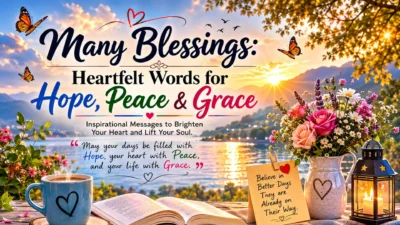 Many Blessings inspirational image with sunrise, flowers, peace, hope, grace, and uplifting spiritual words.