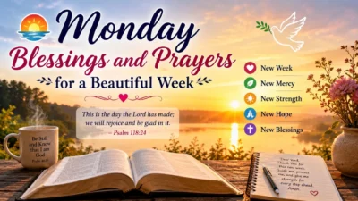Monday blessings and prayers image with sunrise, Bible, prayer journal, dove, flowers, and peaceful new week inspiration.