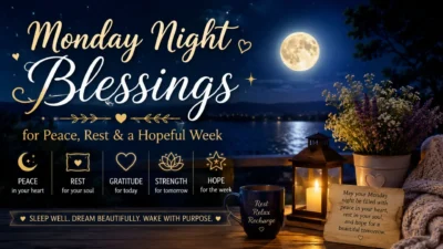 Monday night blessings image with full moon, peaceful lake, candlelight, flowers, and comforting wishes for rest and hope.