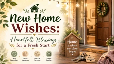 New home wishes image with a cozy doorway, house keys, warm lights, and heartfelt blessings for a fresh start.