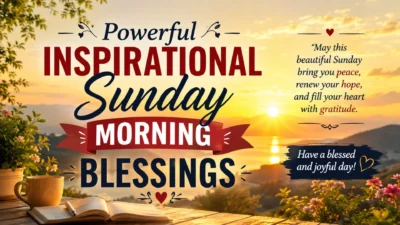 Powerful inspirational Sunday morning blessings with a peaceful sunrise, flowers, coffee, and an open journal.