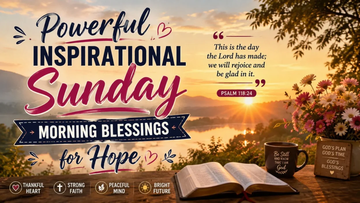 Powerful inspirational Sunday morning blessings graphic with sunrise, Bible, flowers, coffee, and Psalm 118:24.