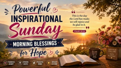 Powerful inspirational Sunday morning blessings graphic with sunrise, Bible, flowers, coffee, and Psalm 118:24.