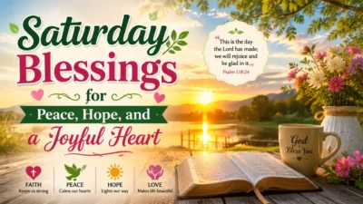 Saturday blessings for peace, hope, and joy with sunrise, Bible, flowers, and an uplifting Psalm verse.