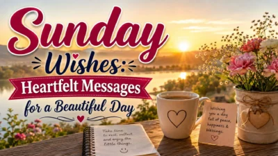 Sunday Wishes greeting with sunrise, flowers, coffee, and heartfelt messages for a beautiful peaceful day.