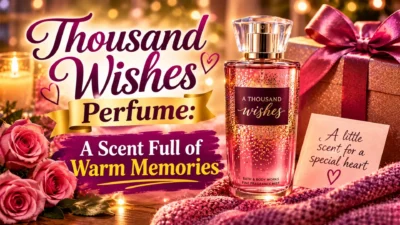 Thousand Wishes perfume with pink roses, gift box, candlelight, and warm romantic styling.