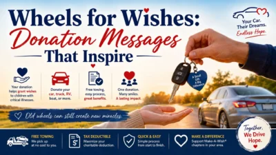 Wheels for Wishes donation banner with car keys, vehicle, charity message, and inspiring hope-themed design.