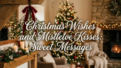 Christmas wishes and mistletoe kisses with festive holiday decorations and sweet messages