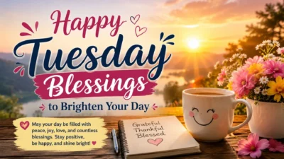 Happy Tuesday blessings with a beautiful sunrise, flowers, coffee, and positive morning wishes