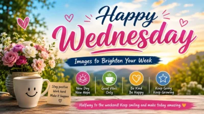 Happy Wednesday images to brighten your week with flowers, coffee, and positive messages