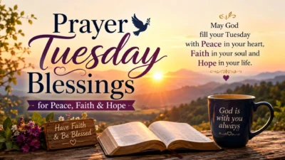 Prayer Tuesday blessings for peace, faith, and hope with Bible and sunrise