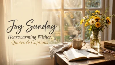 Joy Sunday wishes with a beautiful sunrise, positive quotes, and heartwarming blessings