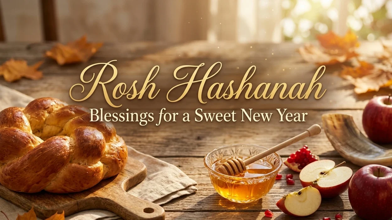 Rosh Hashanah blessings with apples, honey, and a warm holiday table